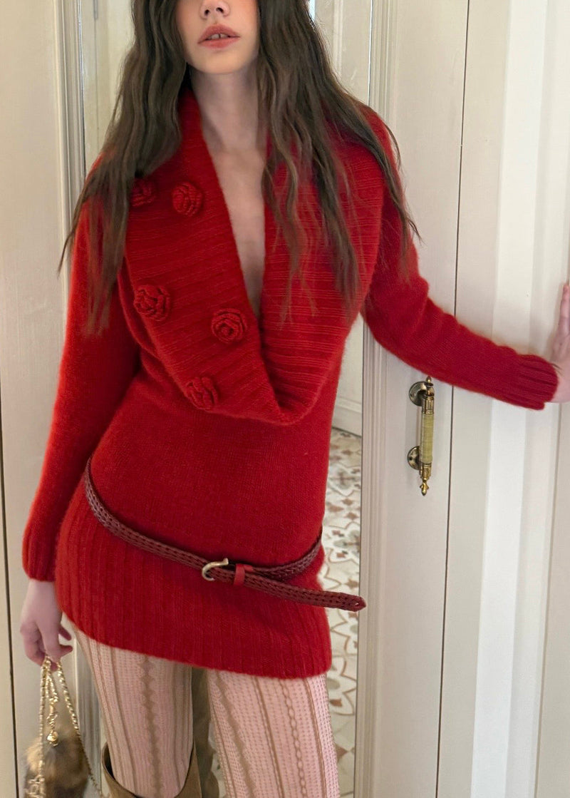 Slim Fit Red Sashes Cotton Knit Mid Sweater Dress Fall