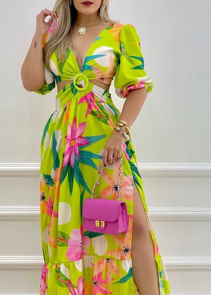 Green Print Hollow Out Side Open Cotton Long Dress Summer