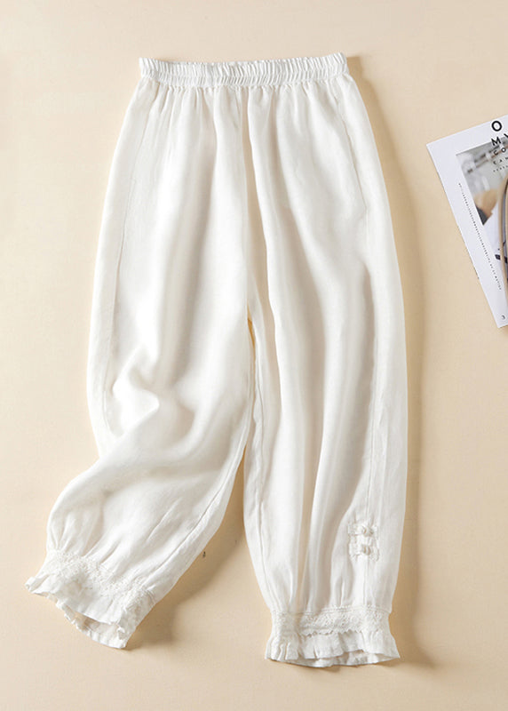 Linen Lace Button Elastic Waist Harem Pants Summer