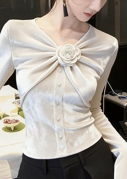 White V Neck Rose Wrinkled Silk Velour Tops Fall