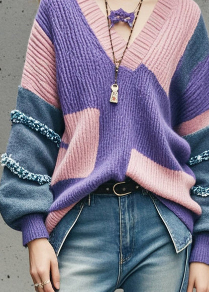 Purple V Neck Patchwork Thcik Sweaters Fall