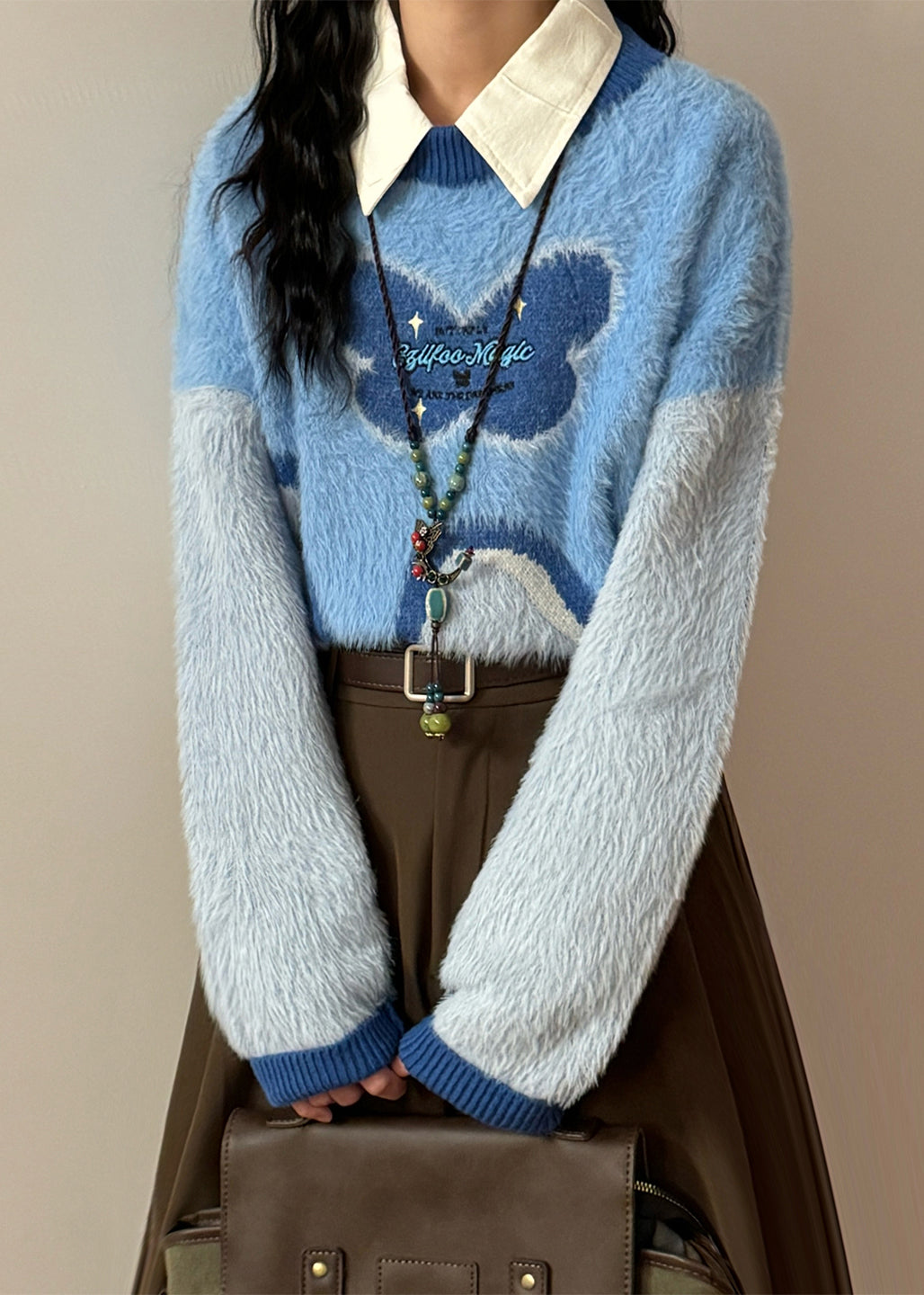 Blue Asymmetrical Fluffy Patchwork Knit Sweaters