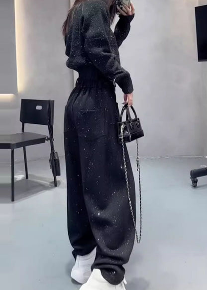Grey Sequins Warm Fleece Woolen Pants Spring