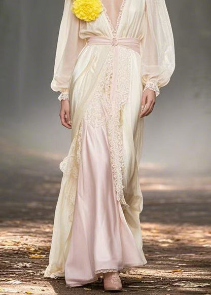 Classy V Neck Lace Patchwork Chiffon Dresses Spring