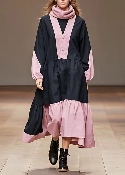 Pink Wrinkled Patchwork Maxi Dress Long Sleeve