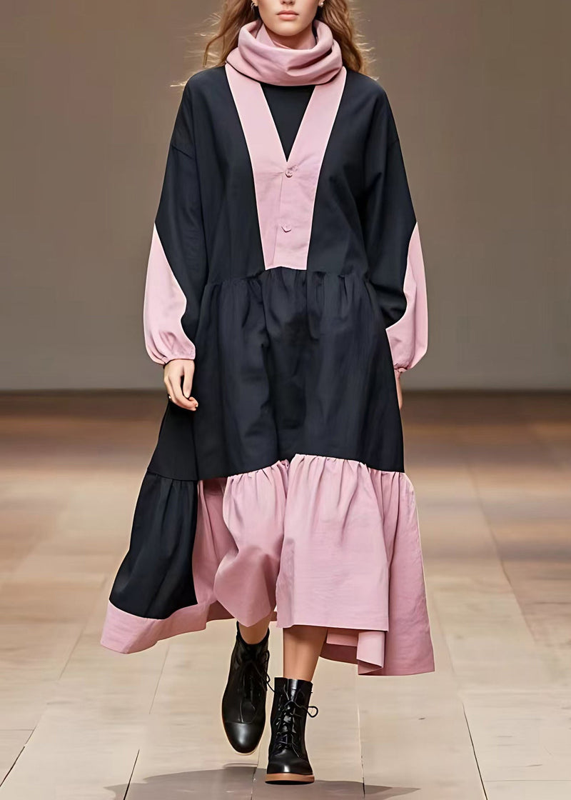 Pink Wrinkled Patchwork Maxi Dress Long Sleeve