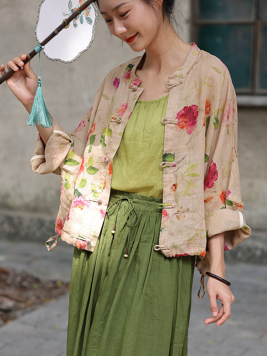 Flower Button-up Ramie Loose Shirt