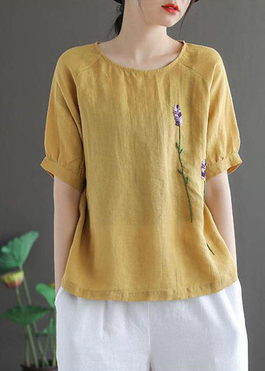 Ginger Embroidered Linen Tops Short Sleeve