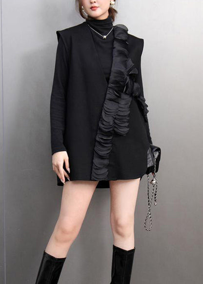 Black V Neck Ruffled Patchwork Waistcoat Spring
