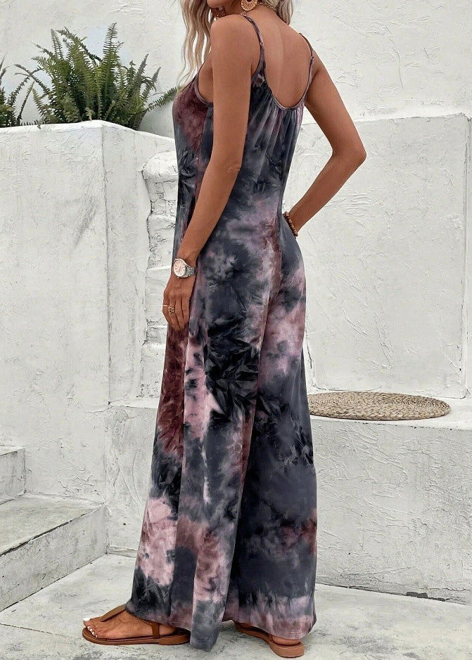 Organic Dark Brown Print Cotton Spaghetti Strap Jumpsuit Summer