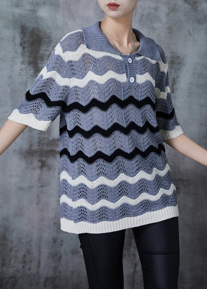 Grey Striped Hollow Out Knit Top Summer