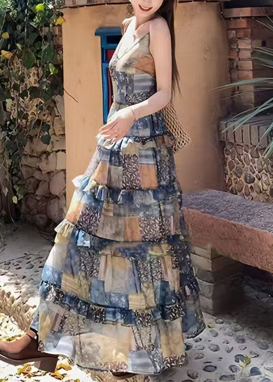 Plaid Print Ruffled Patchwork Cotton Spaghetti Strap Dress Sleeveless