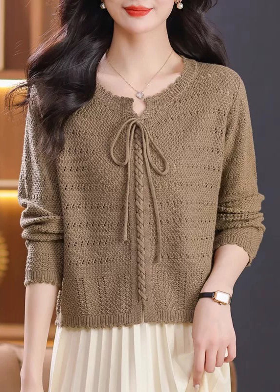 Red O Neck Hollow Out Lace Up Knit Shirt Top Fall