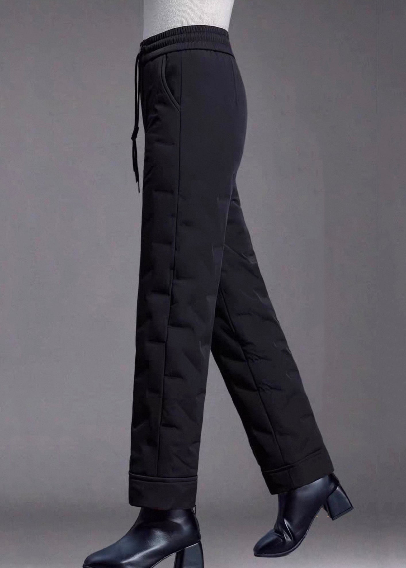 Fine Red Pockets Elastic Waist Duck Down Filled Straight Pants Winter