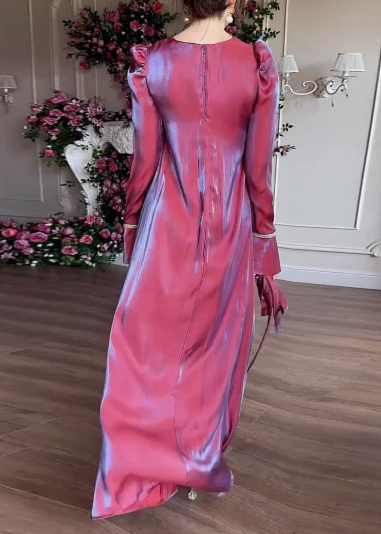 Purple O Neck Silk Maxi Dress Fall