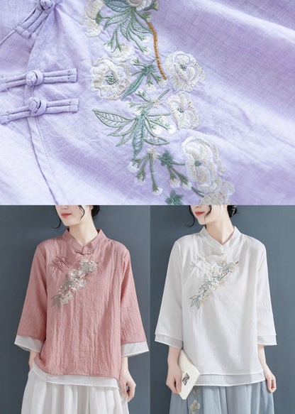 White Mandarin Collar Cotton Fake Two Piece Shirts Three Quarter Sleeve
