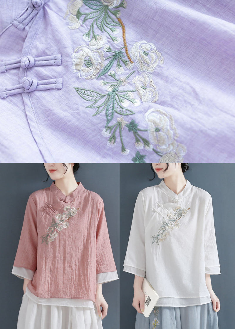 White Mandarin Collar Cotton Fake Two Piece Shirts Three Quarter Sleeve