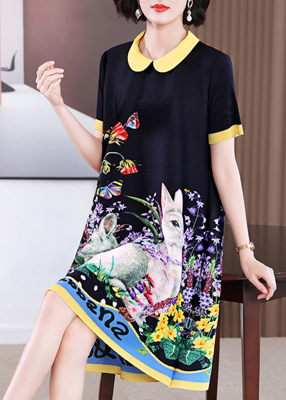 Black O-neck Print Long a Line Dress Short Sleeve
