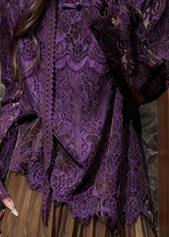 Purple Mandarin Collar Hollow Out Lace Blouses Spring
