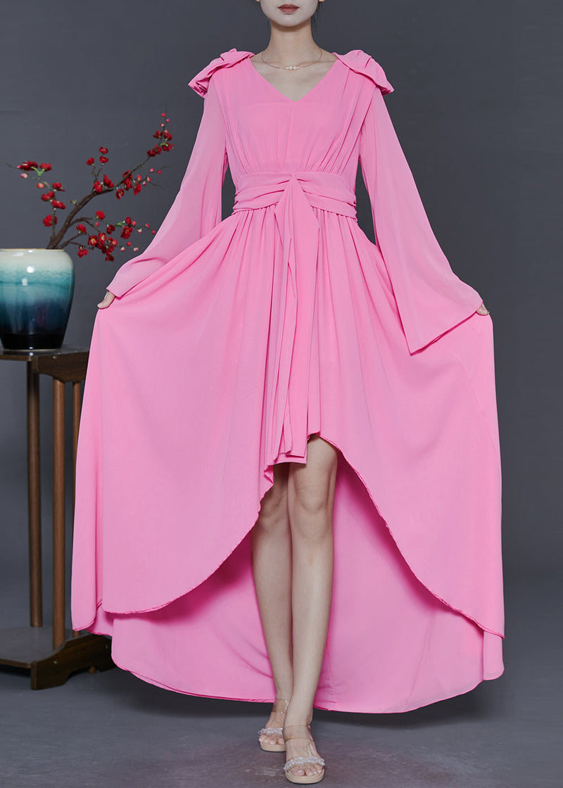 Pink Low High Design Exra Large Hem Chiffon Vacation Dresses Fall