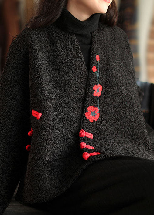 Chinese Style Black Button Embroidered Faux Fur Coats Long Sleeve