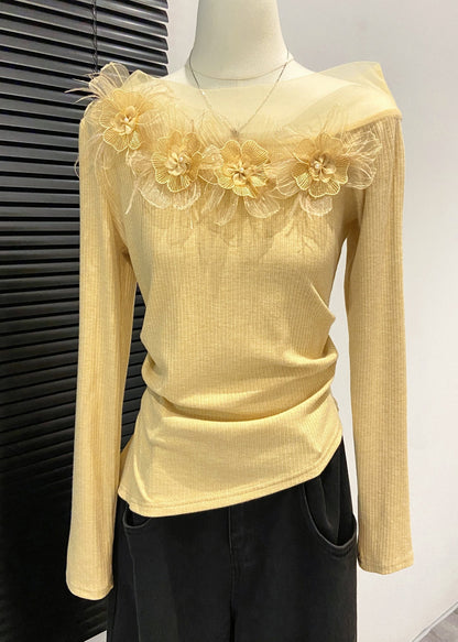 Diy Yellow Cold Shoulder Decorated Cotton Shirts Fall