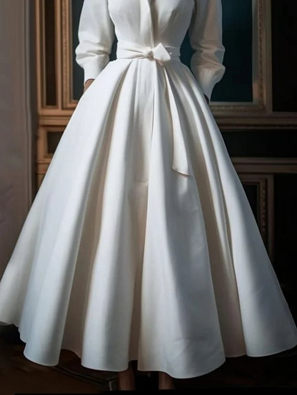 Simple Color Stand Collar Midi Shirt Dress