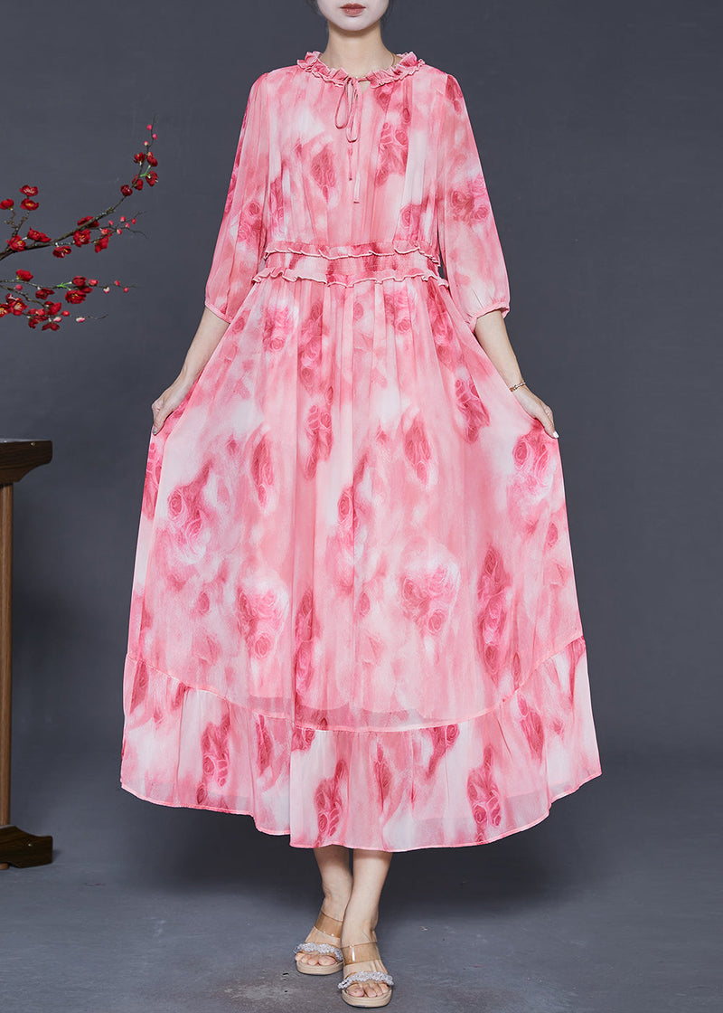 Pink Ruffled Print Chiffon Vacation Dress Summer
