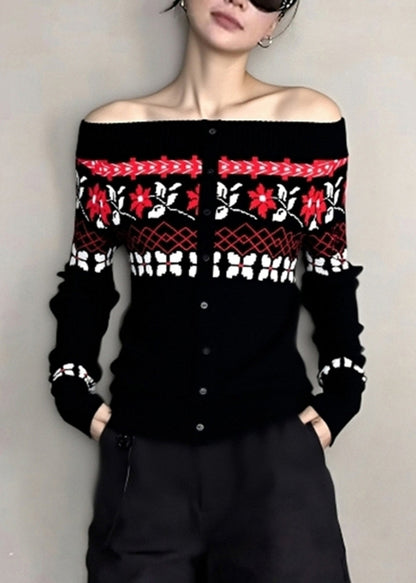 Black Cold Shoulder Jacquard Knit Tops Winter