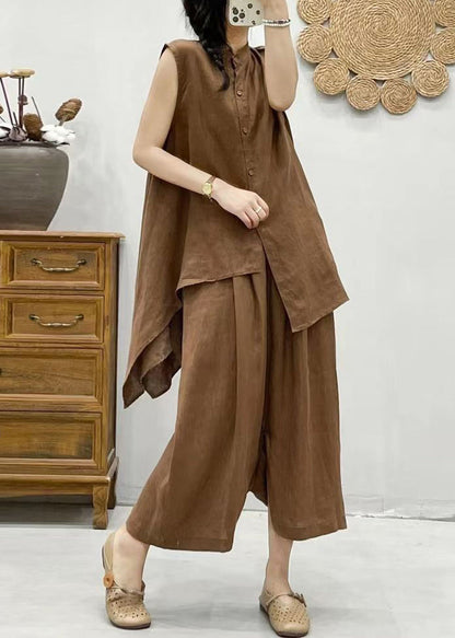 Coffee Stand Collar Asymmetrical Patchwork Linen Waistcoat and Crop Pants Two Pieces Set Summer