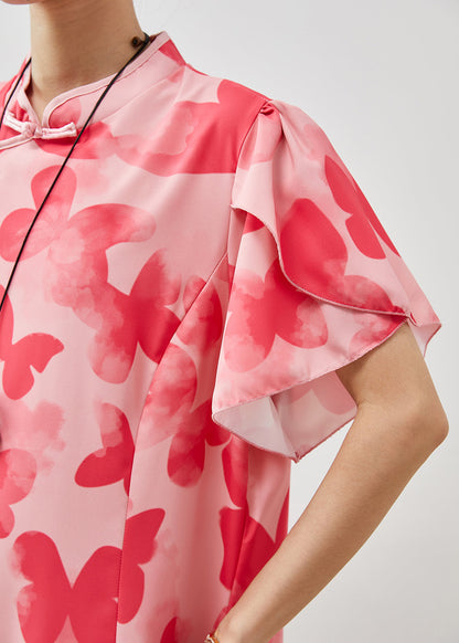 Stylish Pink Butterfly Chiffon Cheongsam Dresses Petal Sleeve