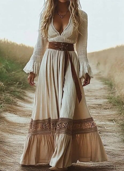 Beige V Neck Patchwork Cotton Long Dresses Flare Sleeve