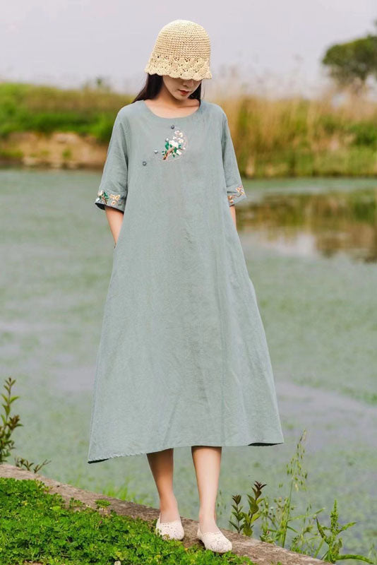 Summer Round Neck Cotton Linen Dress Print Short Sleeve Long Dress
