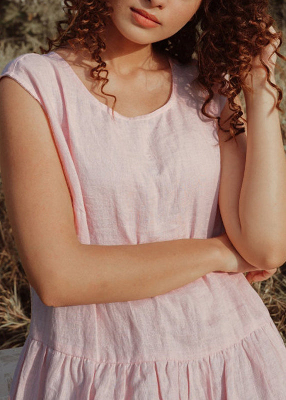 Pink O Neck Wrinkled Patchwork Linen Dress Sleeveless