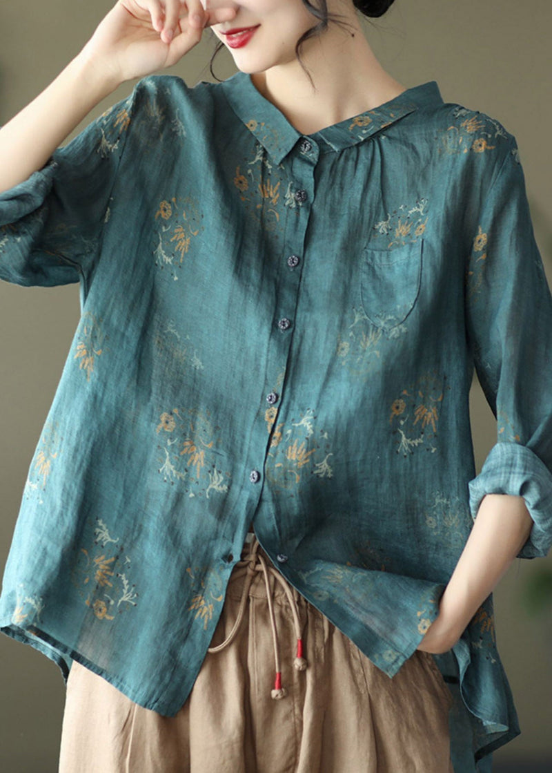 Retro Peacock Purple Peter Pan Collar Print Button Wrinkled Shirts Long Sleeve