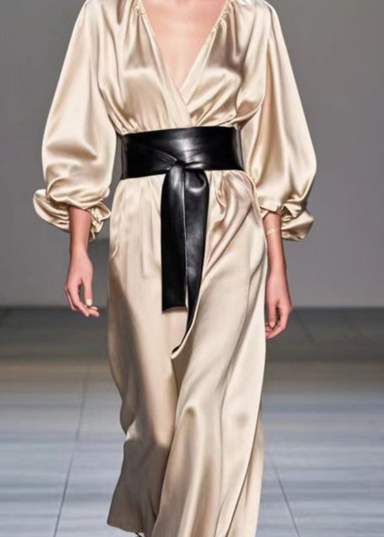 Champagne V Neck Cinched Silk Holiday Dress Fall