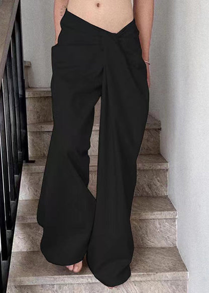 Black Cotton Wide Leg Summer Pants Asymmetrical
