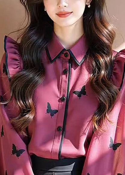 Rose Peter Pan Collar Print Ruffled Chiffon Shirt Tops Fall