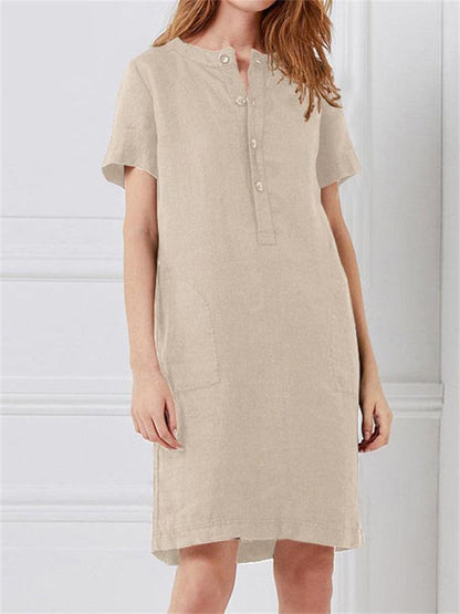 Color Cotton Linen Loose Short-sleeved Mid-length Female Dresses