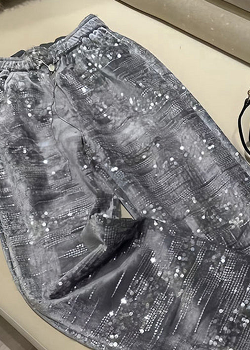 Silver Sequins Elastic Waist Straight Pants Spring