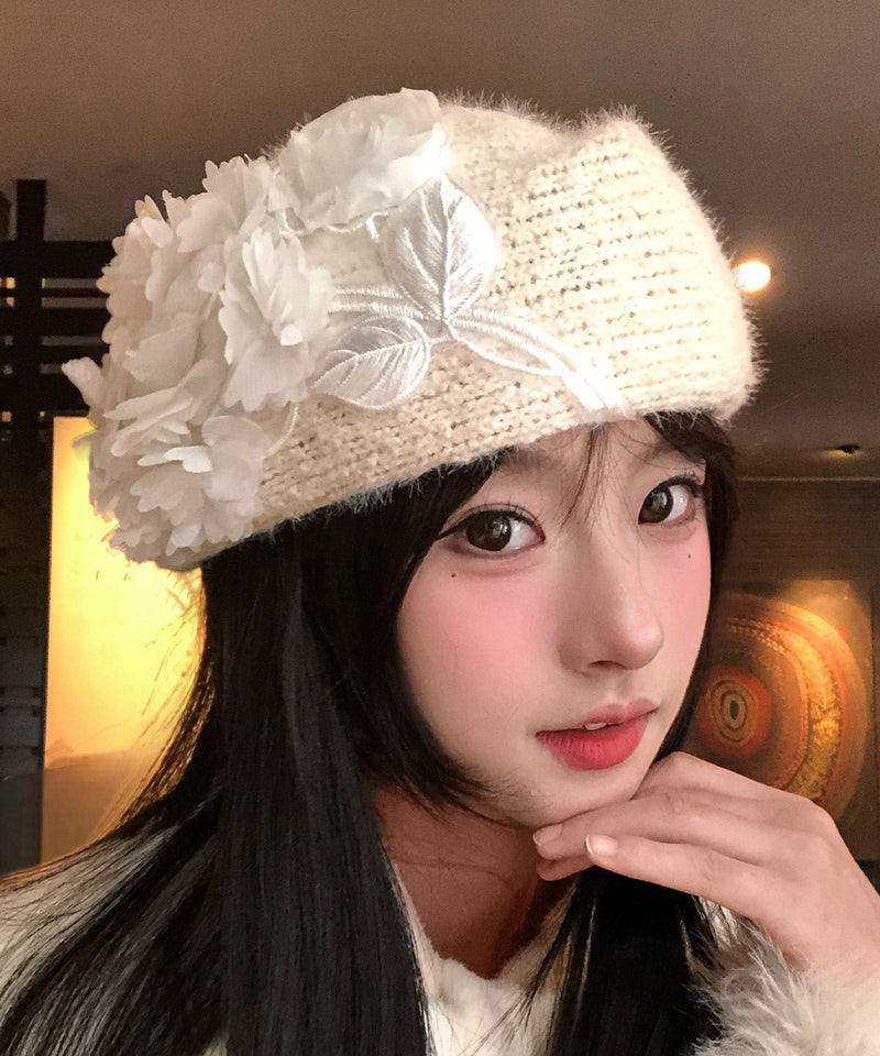 Beige Embroideried Knit Beret Hat