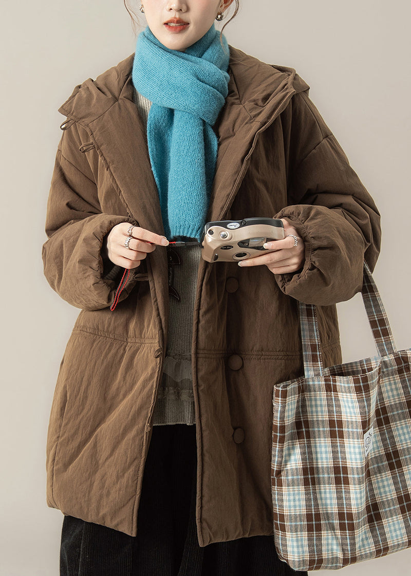 Coffee Button Patchwork Hooded Parka Winter