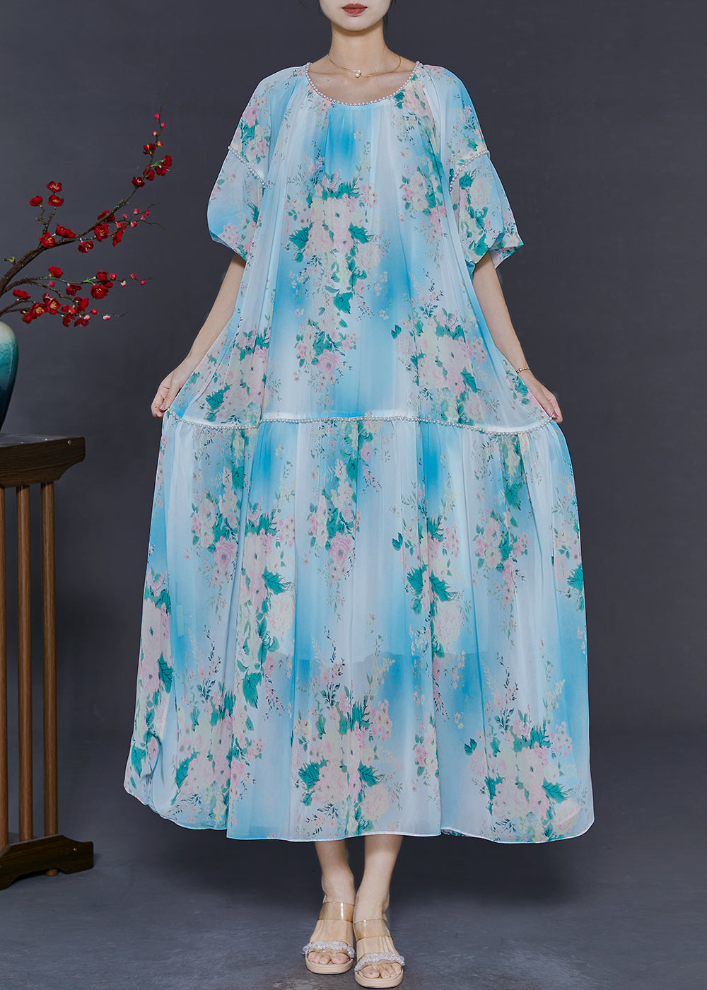Diy Sky Blue Oversized Print Chiffon Long Dress Summer