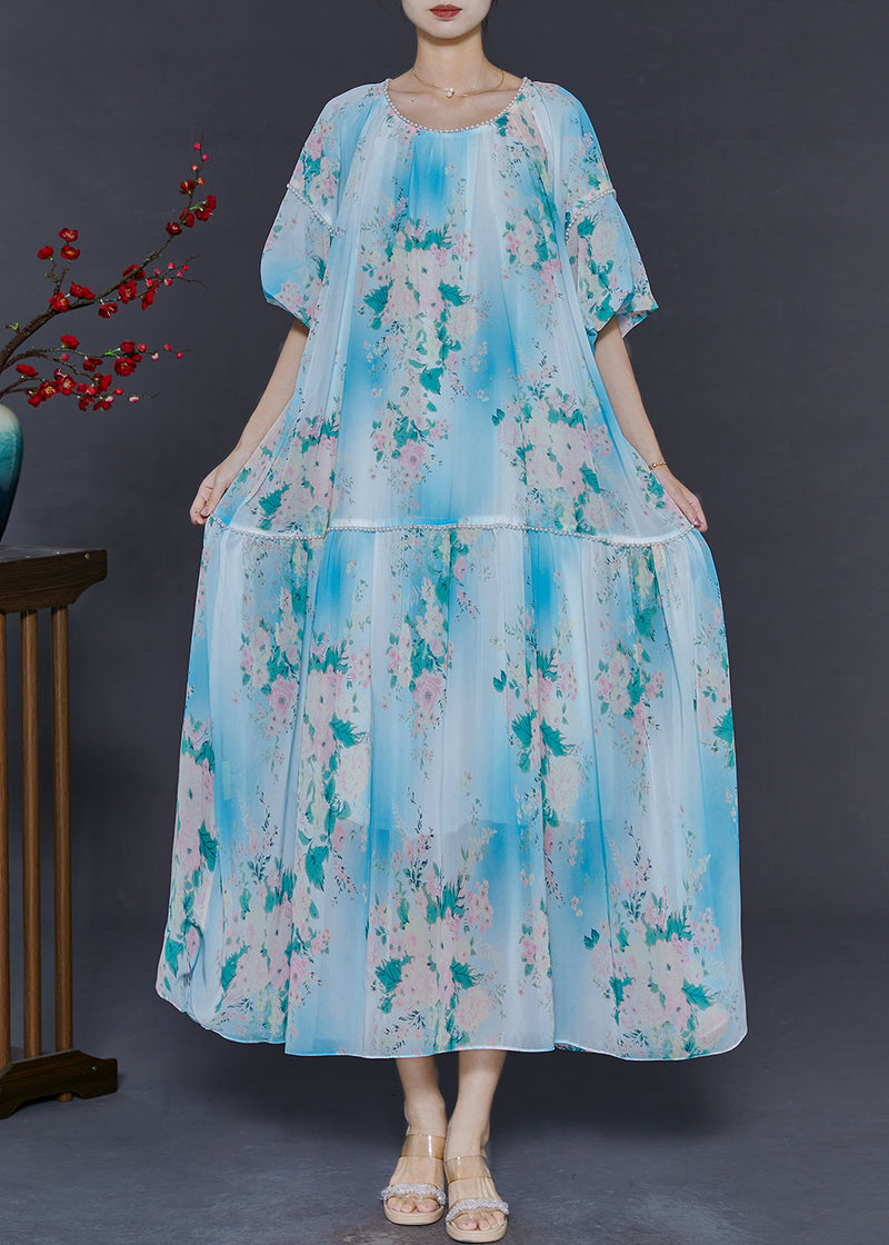 Diy Sky Blue Oversized Print Chiffon Long Dress Summer