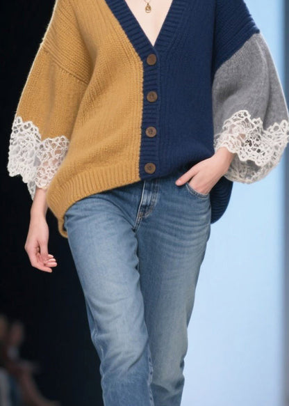 Art Colorblock Oversized Patchwork Lace Knit Cardigans Winter