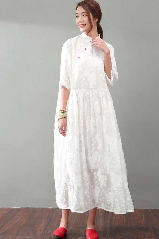 National Wind Jacquard Lace Maxi Dress