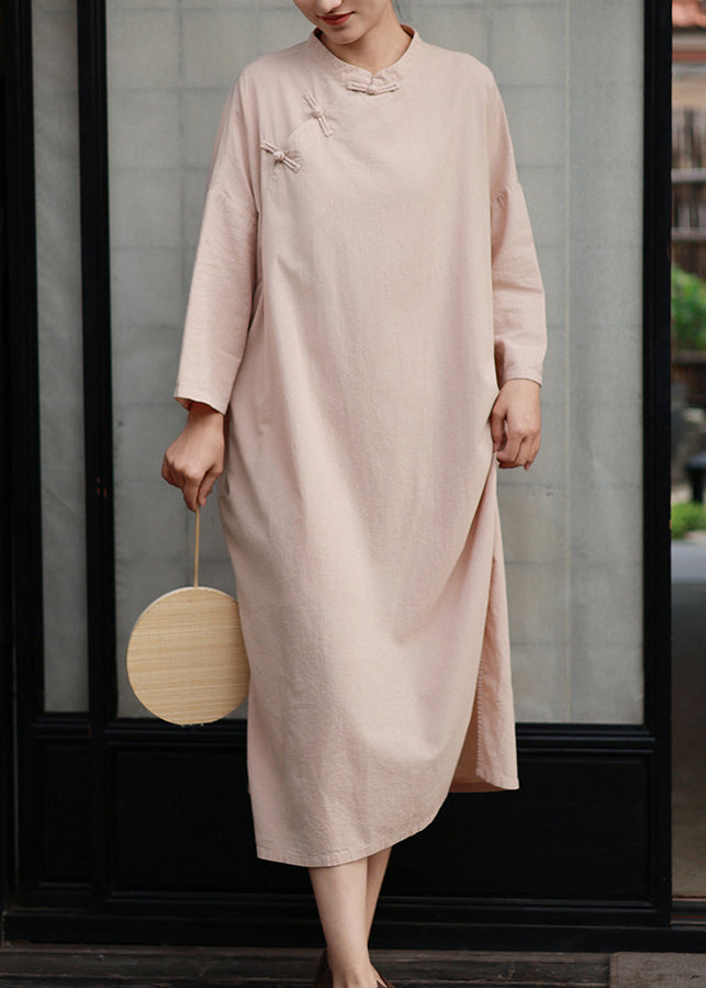 Retro Pink Stand Collar Oriental Button Cotton Dress Spring