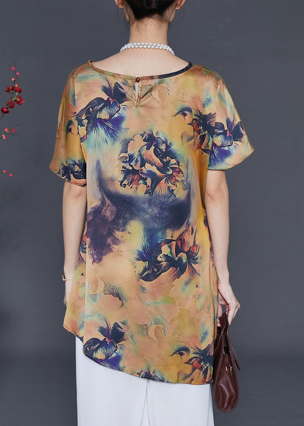 Khaki Asymmetrical Print Silk Tops Summer