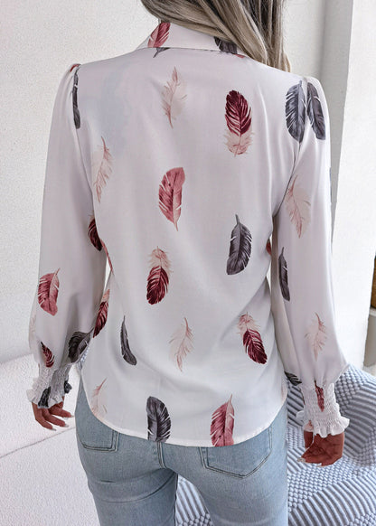 French White Peter Pan Collar Feathers Print Chiffon Shirt Spring