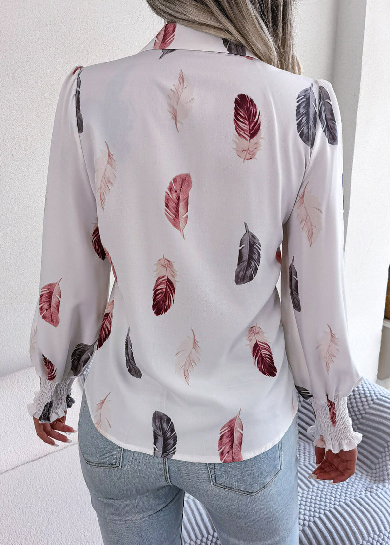 French White Peter Pan Collar Feathers Print Chiffon Shirt Spring